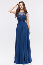 Load image into Gallery viewer, Illusion lace top floor length chiffon gown with satin sewn in belt #3611