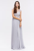 Load image into Gallery viewer, Illusion lace top floor length chiffon gown with satin sewn in belt #3611