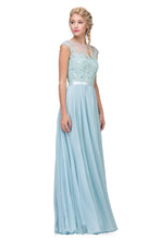 Load image into Gallery viewer, Illusion lace top floor length chiffon gown with satin sewn in belt #3611