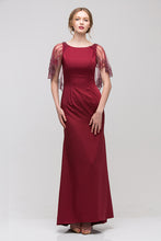 Load image into Gallery viewer, Sheath silhouette satin gown w/ attached rhinestone shawl #7003