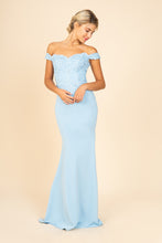 Load image into Gallery viewer, Floor length, mermaid silhouette off shoulder gown with heavy laced designed bodice #7100