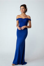 Load image into Gallery viewer, Floor length, mermaid silhouette off shoulder gown with heavy laced designed bodice #7100