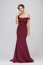 Load image into Gallery viewer, Floor length, mermaid silhouette off shoulder gown with heavy laced designed bodice #7100