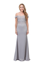 Load image into Gallery viewer, Floor length, mermaid silhouette off shoulder gown with heavy laced designed bodice #7100
