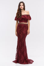Load image into Gallery viewer, Two piece off shoulder dress with lace fabric and beaded trim #6113