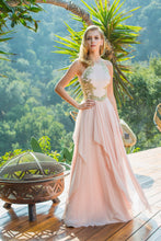 Load image into Gallery viewer, Sweeping, floor length A line layered chiffon dress with gold embroidery bodice design #6036