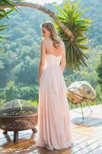 Load image into Gallery viewer, Sweeping, floor length A line layered chiffon dress with gold embroidery bodice design #6036