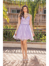 Load image into Gallery viewer, Lace Bodice Skater Dress with Tulle Overlay and V-Neckline Homecoming Dress #3316