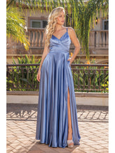 Load image into Gallery viewer, Satin Gown with V-Neck, Wrap Bodice, Spaghetti Straps, and High Leg Slit Prom Dress #4263