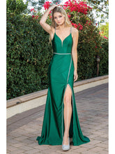 Load image into Gallery viewer, Sleek Satin Gown with Spaghetti Straps, V-Neckline, Crystal Waistband, and Thigh-High Slit