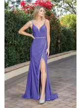 Load image into Gallery viewer, Sleek Satin Gown with Spaghetti Straps, V-Neckline, Crystal Waistband, and Thigh-High Slit