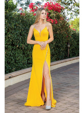 Load image into Gallery viewer, Sleek Satin Gown with Spaghetti Straps, V-Neckline, Crystal Waistband, and Thigh-High Slit
