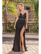 Load image into Gallery viewer, Sleek Satin Gown with Spaghetti Straps, V-Neckline, Crystal Waistband, and Thigh-High Slit