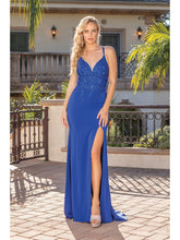 Load image into Gallery viewer, Sleek Satin Dress with Lace Applique Bodice and Thigh-High Slit