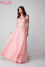 Load image into Gallery viewer, Floor length sweeping chiffon gown, elegant shaped bodice, with illusion top #4909