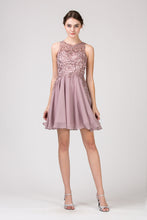 Load image into Gallery viewer, Short gown with halter illusion neckline, lace embroidered top, chiffon skirt, and zipper closure at back #6025