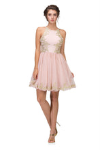 Load image into Gallery viewer, Short Mesh Dress With Jersey Gold Leaf Applique Bodice #6026
