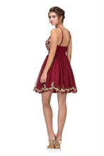 Load image into Gallery viewer, Short Mesh Dress With Jersey Gold Leaf Applique Bodice #6026
