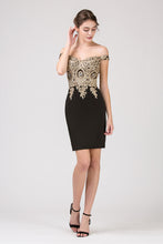 Load image into Gallery viewer, Off shoulder bodice gold embellished short gown with zipper back #6032