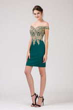 Load image into Gallery viewer, Off shoulder bodice gold embellished short gown with zipper back #6032