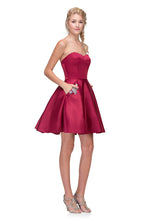 Load image into Gallery viewer, Short satin dress with sweetheart neckline, corset back, bejeweled design along pocket sleeves #6622