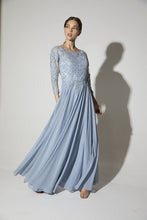 Load image into Gallery viewer, Floor length, quarter sleeve chiffon gown with illusion boat neckline #6909