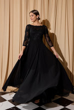 Load image into Gallery viewer, Floor length, quarter sleeve chiffon gown with illusion boat neckline #6909