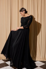 Load image into Gallery viewer, Floor length, quarter sleeve chiffon gown with illusion boat neckline #6909