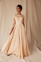Load image into Gallery viewer, Floor length, quarter sleeve chiffon gown with illusion boat neckline #6909