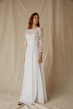 Load image into Gallery viewer, Floor length, quarter sleeve chiffon gown with illusion boat neckline #6909