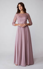 Load image into Gallery viewer, Floor length, quarter sleeve chiffon gown with illusion boat neckline #6909