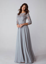 Load image into Gallery viewer, Floor length, quarter sleeve chiffon gown with illusion boat neckline #6909