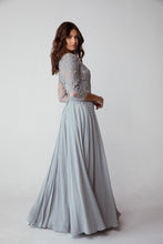 Load image into Gallery viewer, Floor length, quarter sleeve chiffon gown with illusion boat neckline #6909