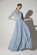 Load image into Gallery viewer, Floor length, quarter sleeve chiffon gown with illusion boat neckline #6909