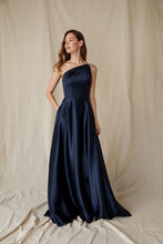 Load image into Gallery viewer, One shoulder evening floor length gown with embellished strap, pockets in skirt, back invisible zipper #9025