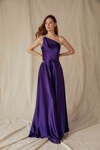 Load image into Gallery viewer, One shoulder evening floor length gown with embellished strap, pockets in skirt, back invisible zipper #9025