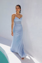 Load image into Gallery viewer, Fitted, floor length mesh gown with sweetheart corset-inspired bodice, structured boning, and padded cups #9077