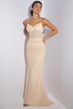Load image into Gallery viewer, Fitted, floor length mesh gown with sweetheart corset-inspired bodice, structured boning, and padded cups #9077