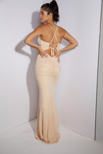 Load image into Gallery viewer, Fitted, floor length mesh gown with sweetheart corset-inspired bodice, structured boning, and padded cups #9077