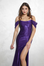 Load image into Gallery viewer, Floor length, fitted satin gown with off shoulder chiffon sleeves and thigh slit #9116