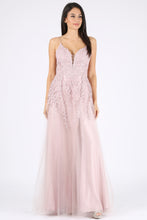 Load image into Gallery viewer, Floor length V-neckline gown with mesh overlay and embroidery #9705