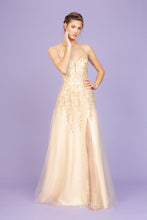 Load image into Gallery viewer, Floor length V-neckline gown with mesh overlay and embroidery #9705