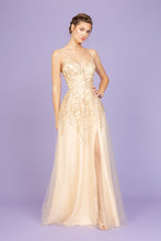 Load image into Gallery viewer, Floor length V-neckline gown with mesh overlay and embroidery #9705