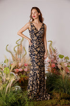Load image into Gallery viewer, Sleeveless fitted V-neck body con evening gown with sequin glitter embellishment #9706