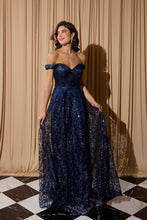 Load image into Gallery viewer, Off shoulder A-line evening gown with glitter floral print and sequin embellishment #9766