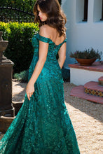 Load image into Gallery viewer, Off shoulder A-line evening gown with glitter floral print and sequin embellishment #9766
