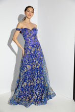 Load image into Gallery viewer, Off shoulder A-line evening gown with glitter floral print and sequin embellishment #9766