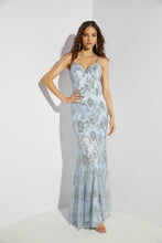Load image into Gallery viewer, Fitted long gown with printed floral glitter design, V-neckline with zipper back #9788