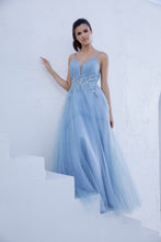 Load image into Gallery viewer, Mesh glitter A-line gown into center embroidery beaded design, V-neckline with double roleau straps #9797