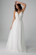 Load image into Gallery viewer, Mesh glitter A-line gown into center embroidery beaded design, V-neckline with double roleau straps #9797